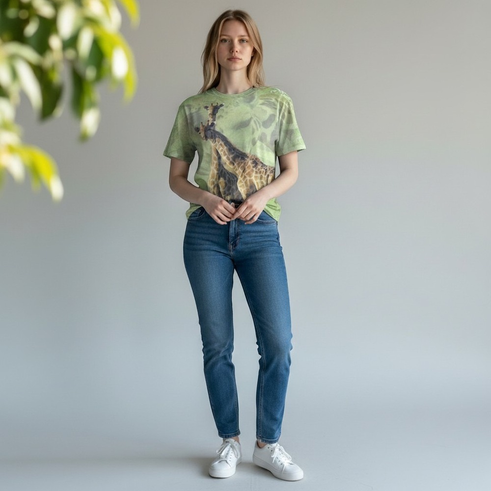 Sunshirt Giraffe Graphic Tee Womens XXL Green All Over Print Safari Nature Boho